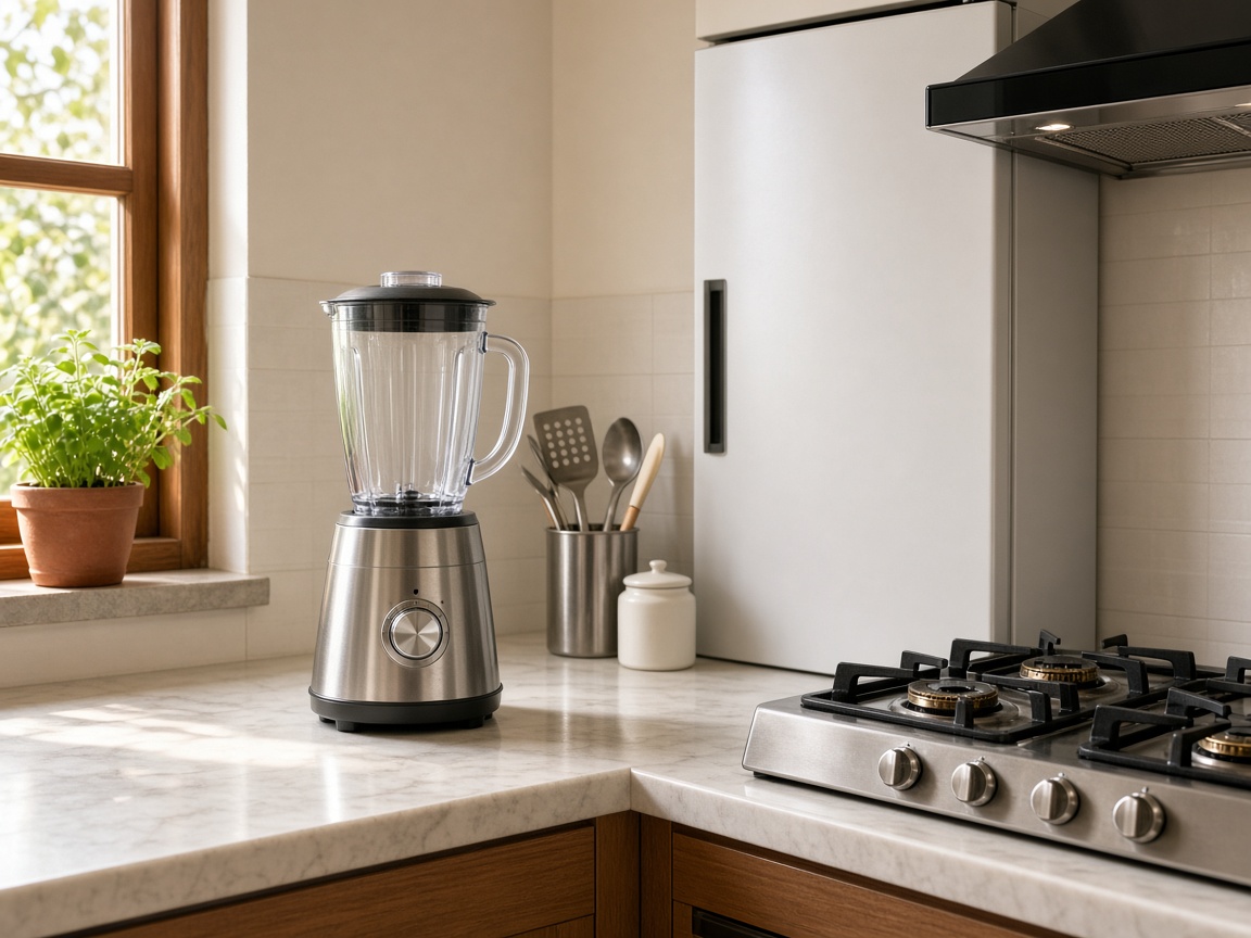 A mixer grinder, refrigerator, and gas stove on a kitchen counter