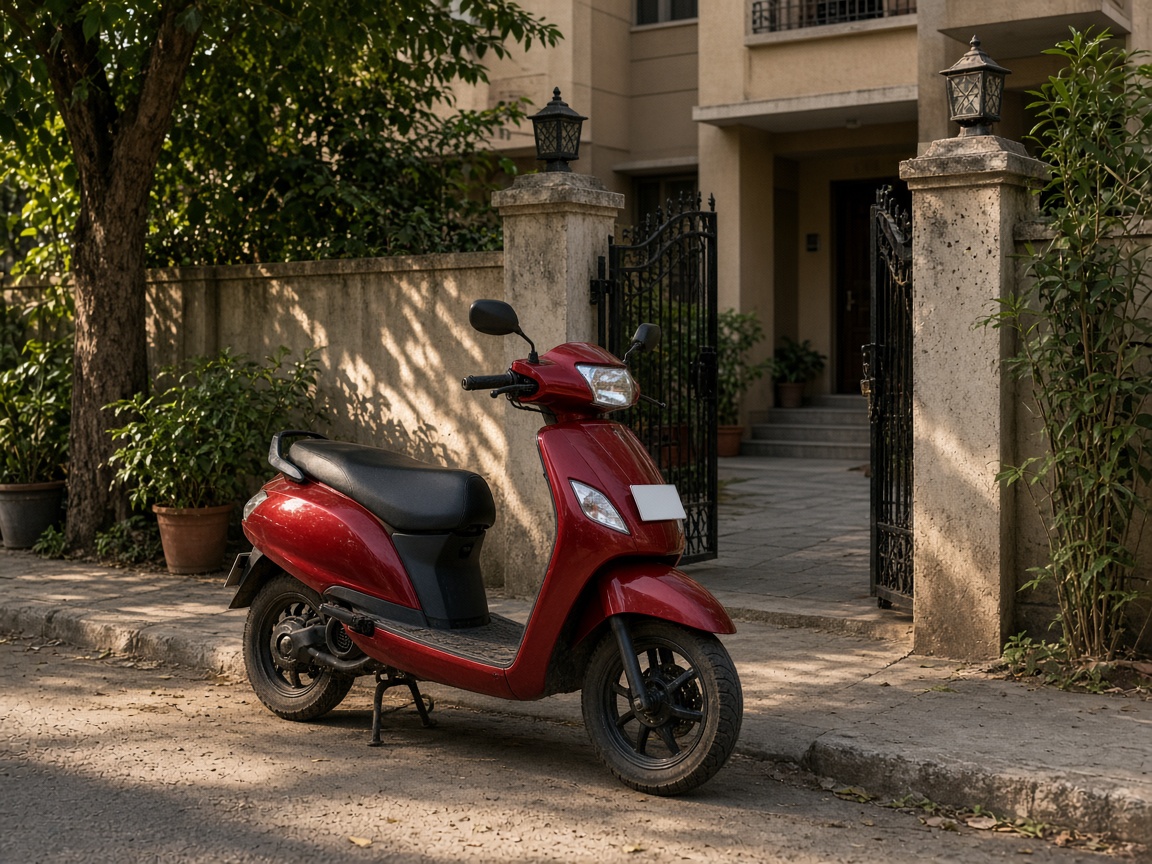 A red scooter parked by an apartment gate